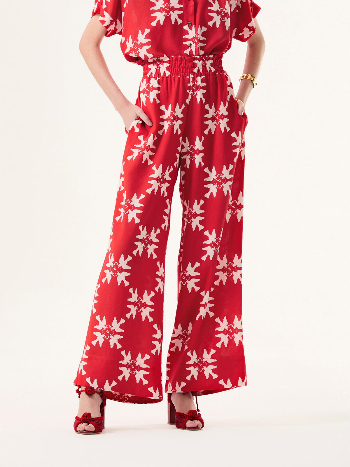 Red Peace Flare Elastic Pants