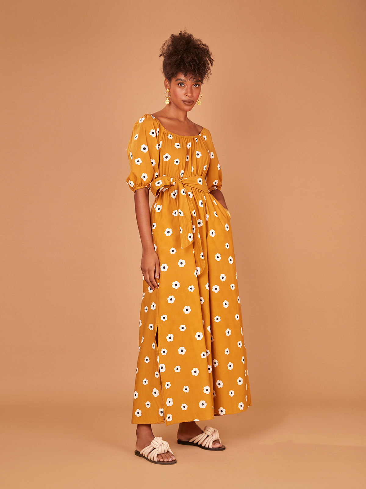 Long Sleeve Dress with Mustard Little Flower Sash