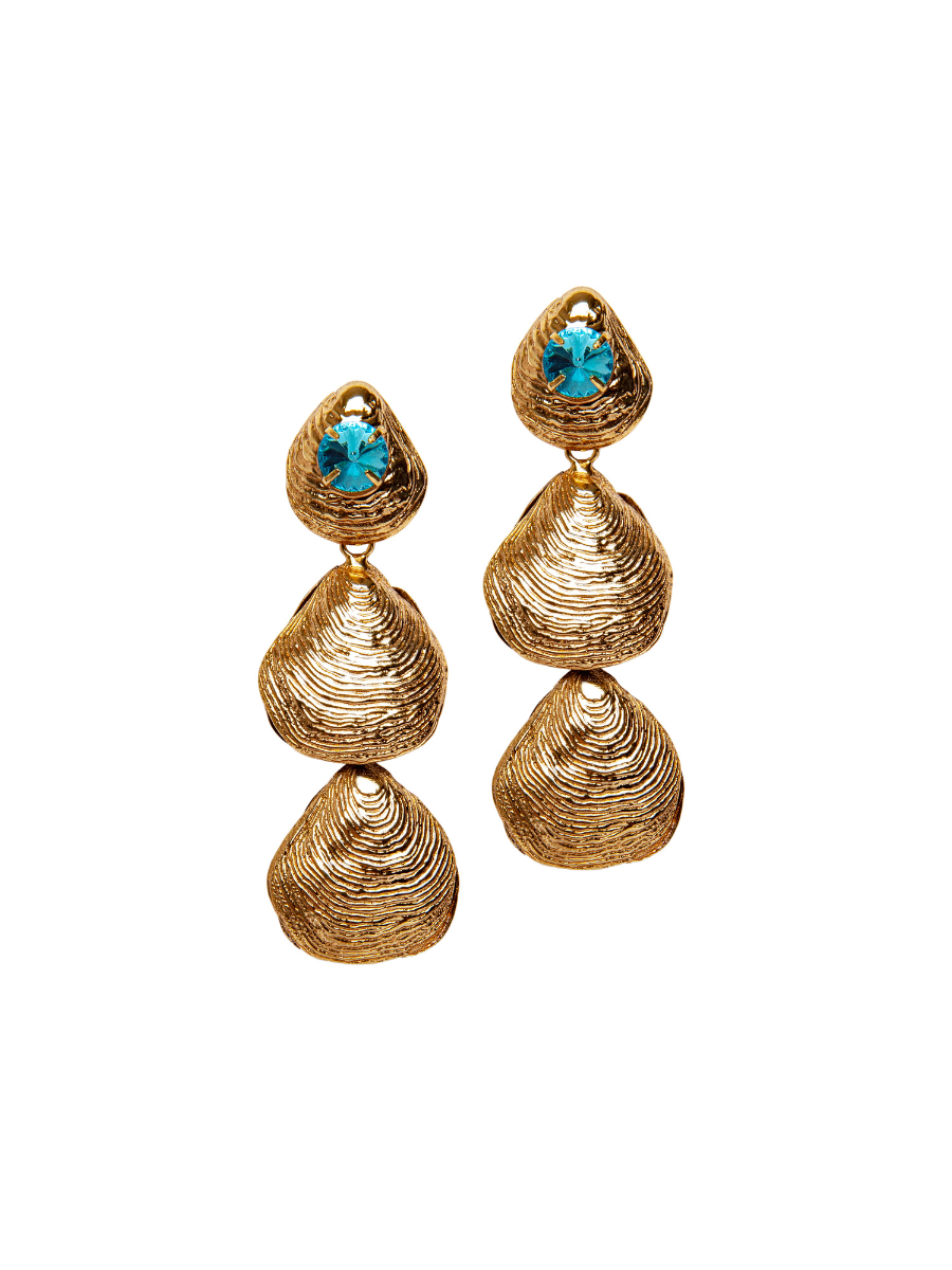 Gold Double Shell and Aqua Crystal Earring