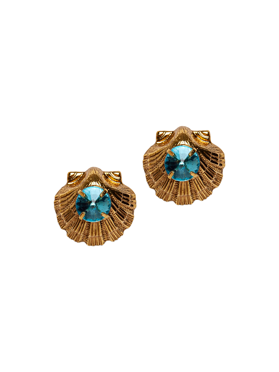 Gold Shell and Aqua Stone Earring