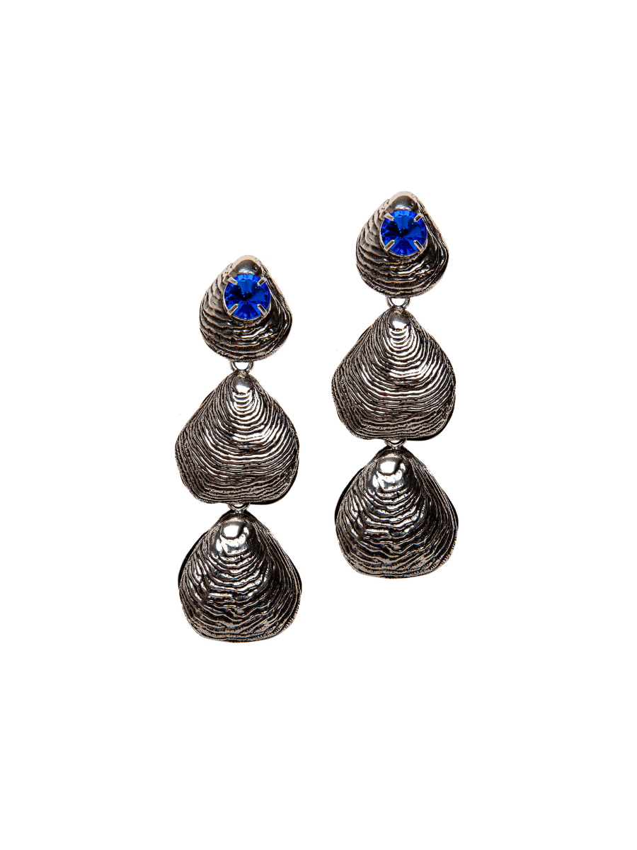 Silver Double Shell and Blue Crystal Earring