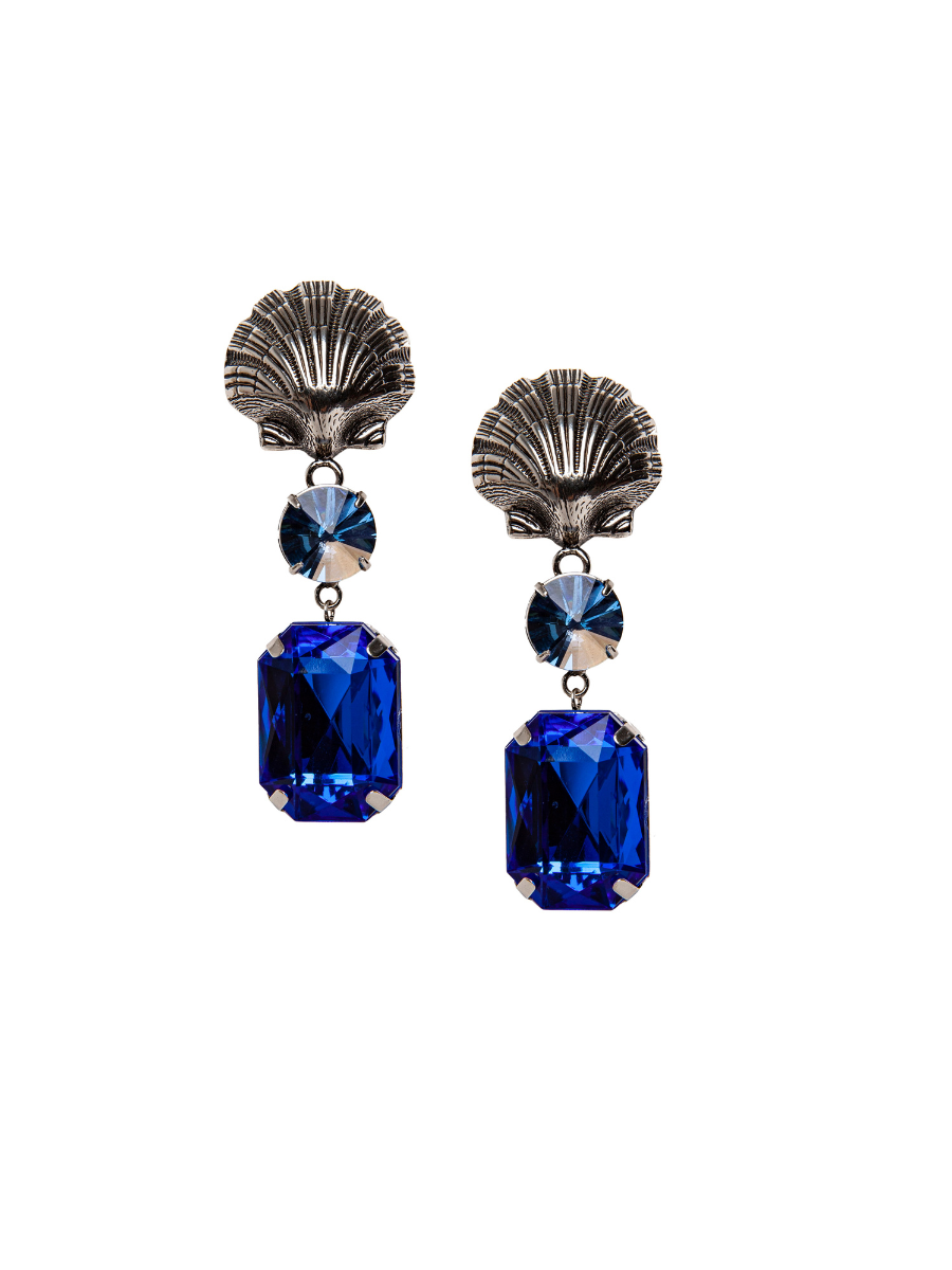 Silver Shell Earring with Blue Stone