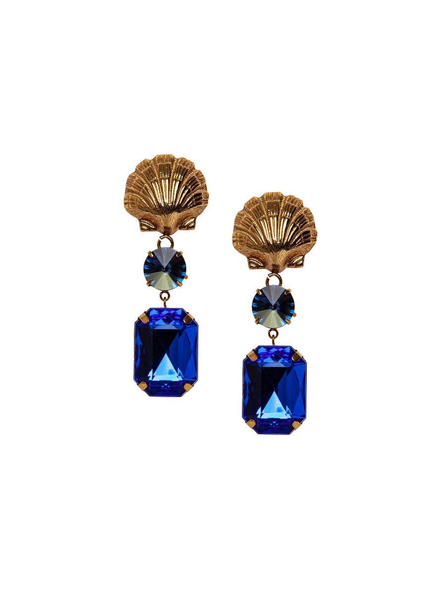 Gold Shell Earring with Blue Stone