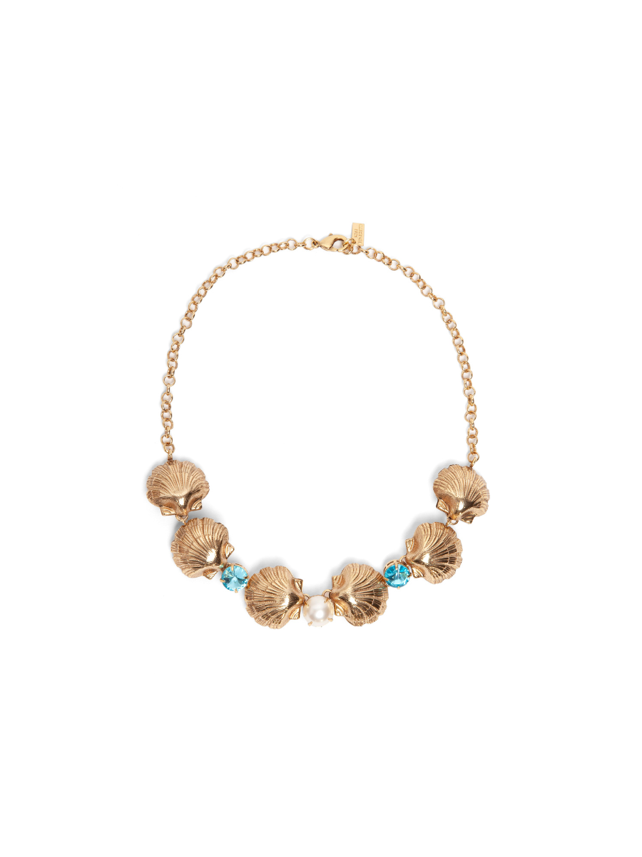 Gold Pearl Shell and Aqua Crystal Necklace