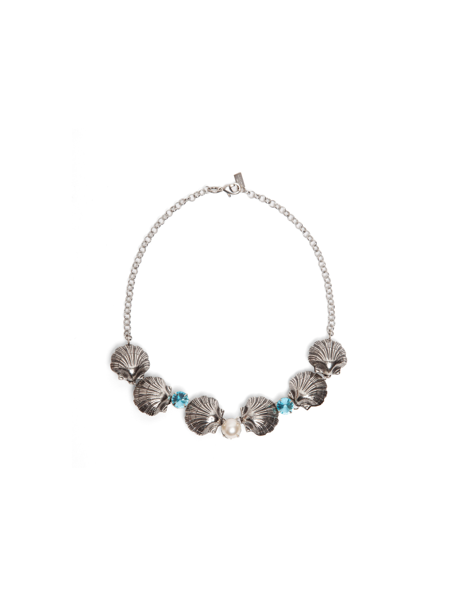 Silver Pearl Shell and Aqua Crystal Necklace