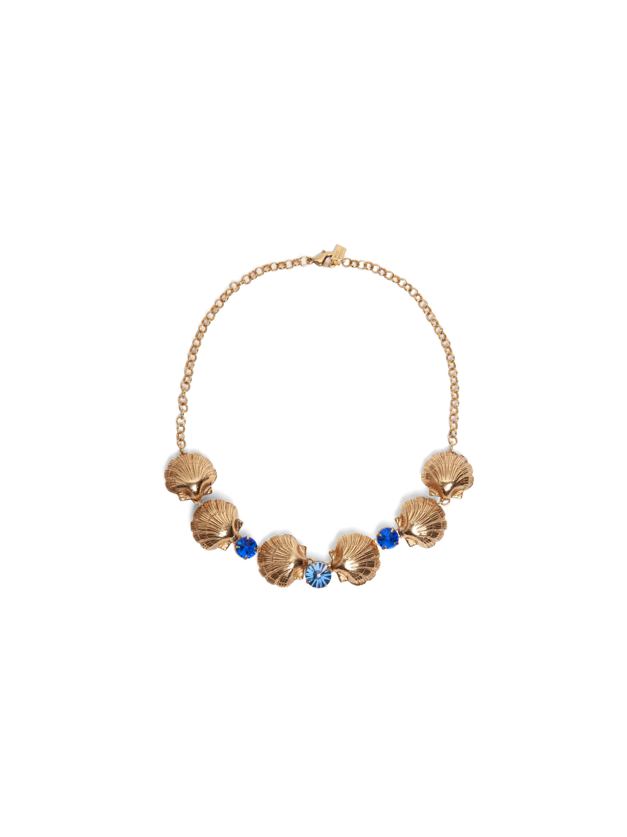 Gold Pearl Shell and Blue Crystal Necklace