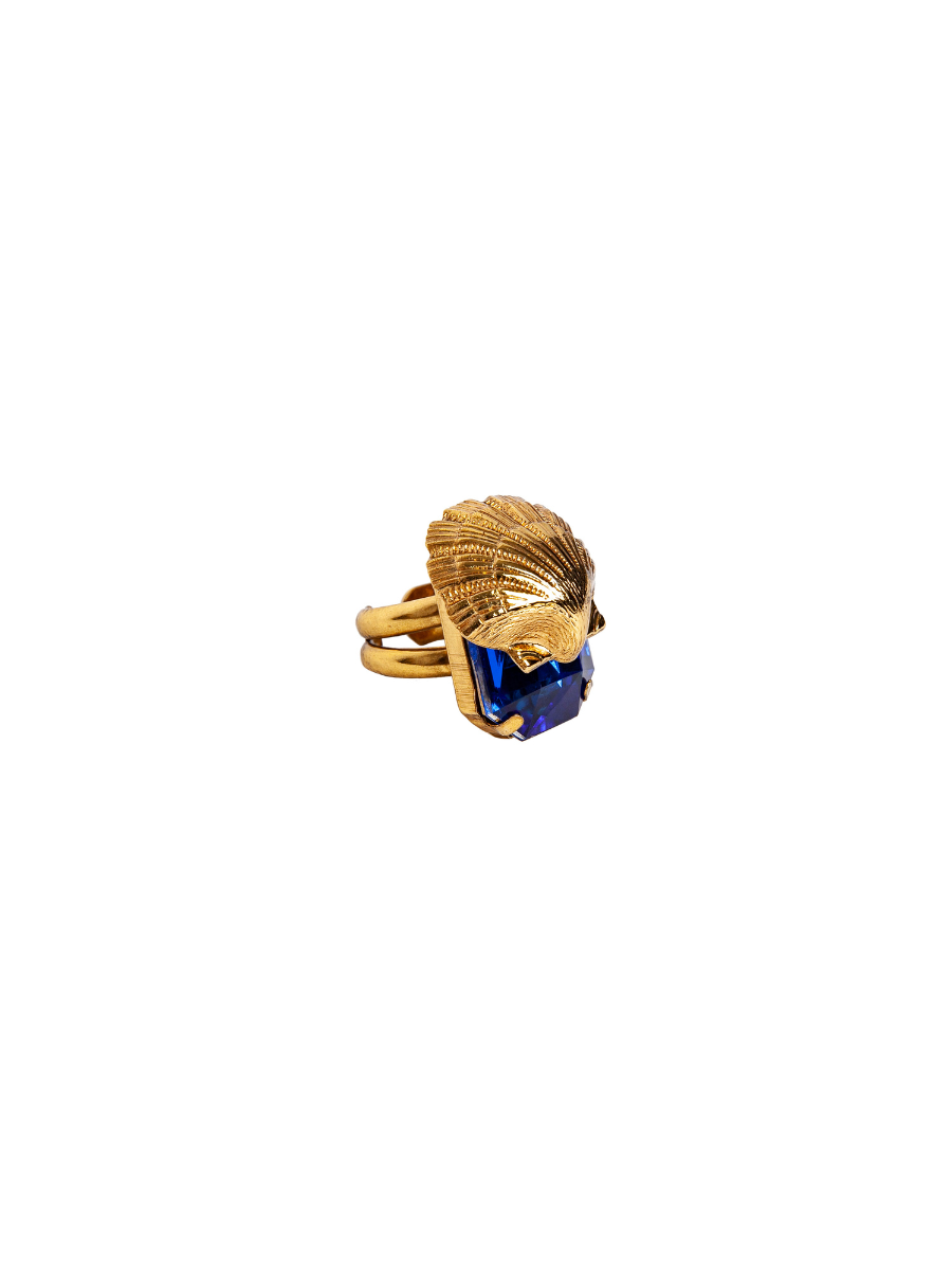 Gold Shell and Blue Crystal Ring