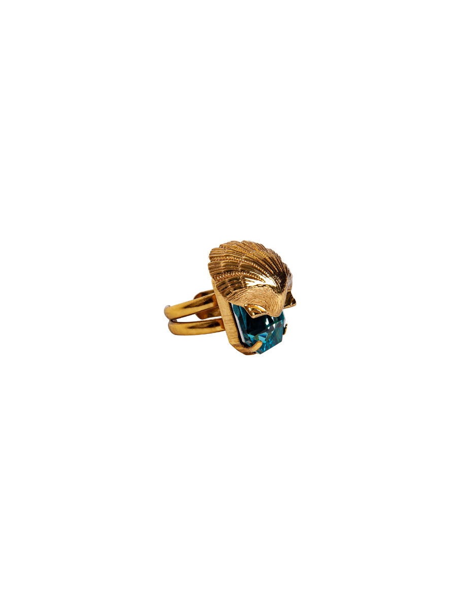 Gold Shell and Aqua Crystal Ring