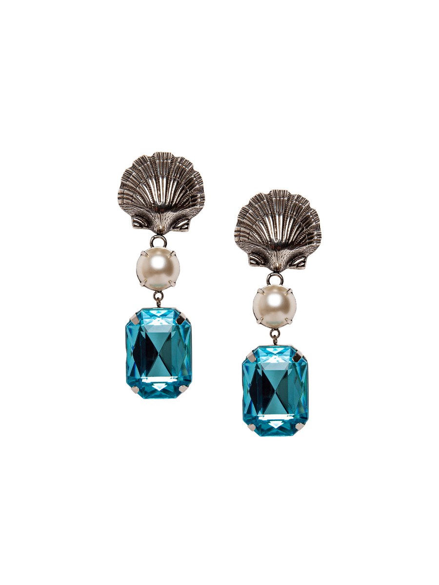 Silver Shell Earring with Aqua Stone