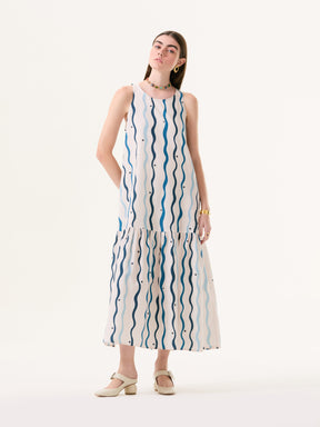 Blue Constellation Ruffle Boatneck Dress