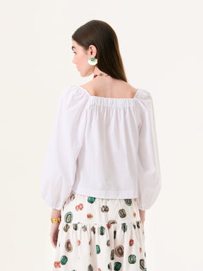 White Wide-Sleeve Elastic Blouse