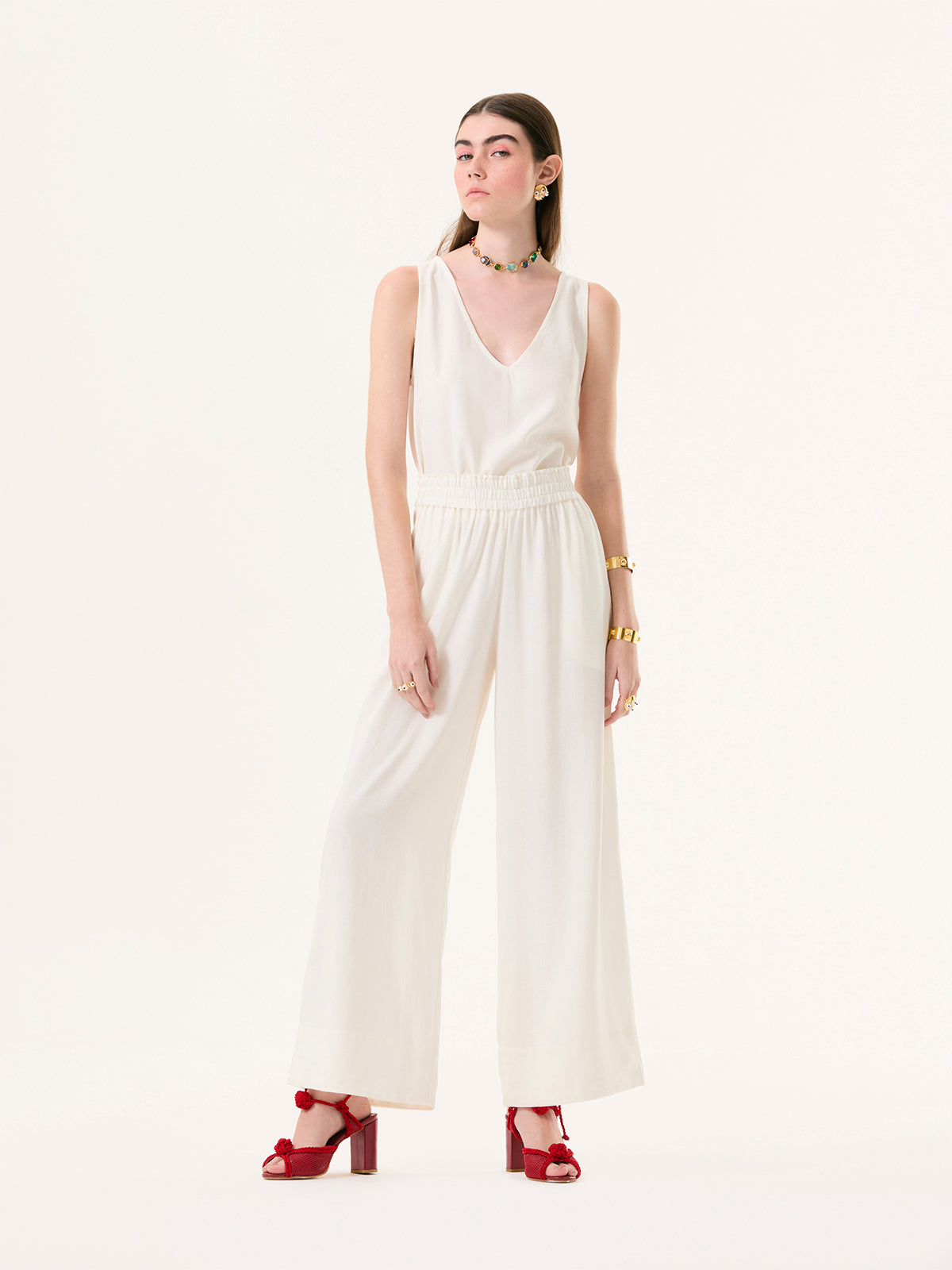 White Flare Elastic Pants