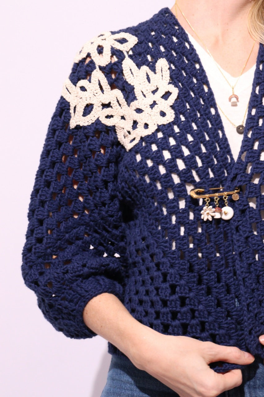 Floral Crochet Cardigan  - Blue