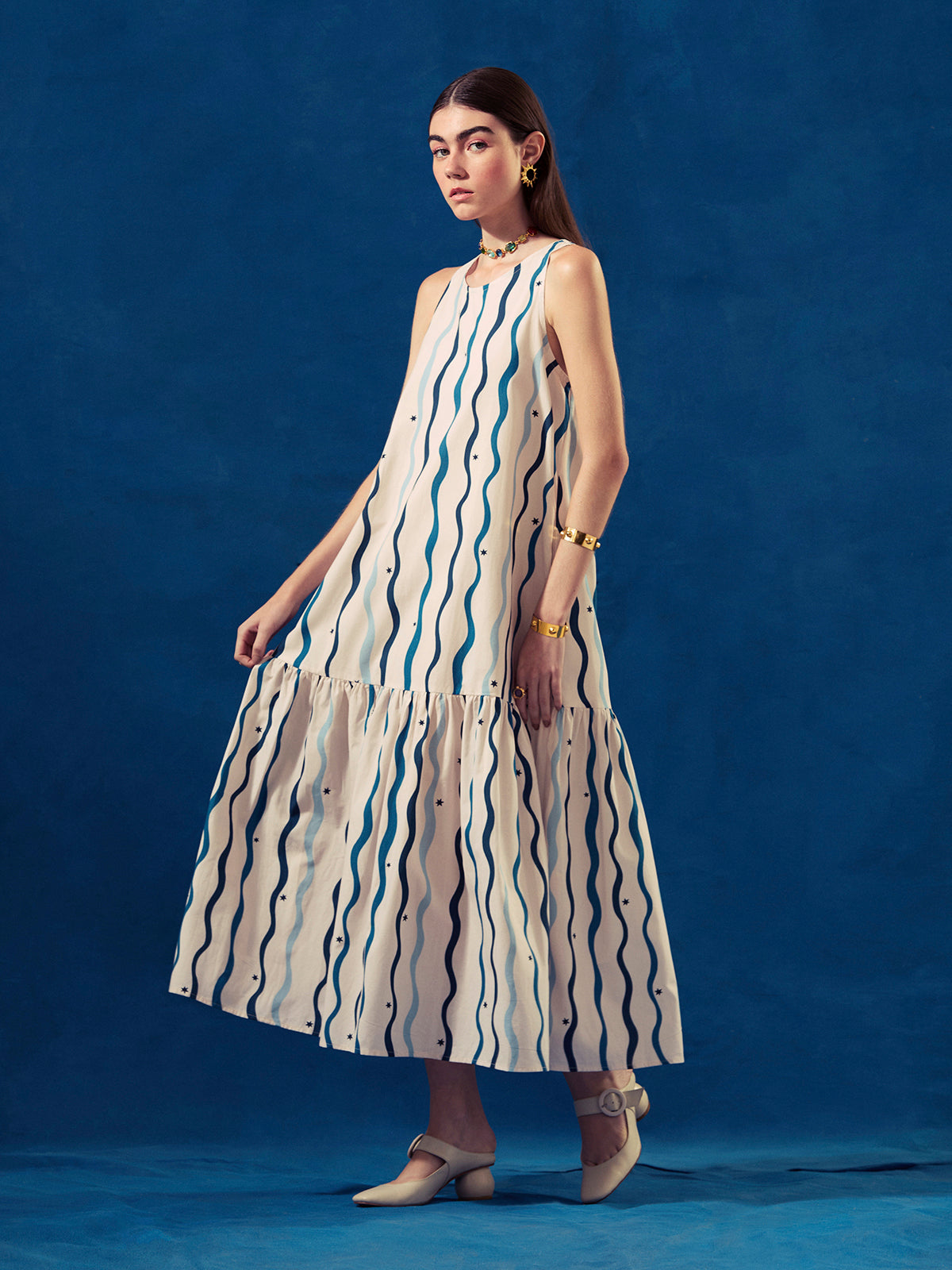 Blue Constellation Ruffle Boatneck Dress